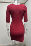 Red Sexy Solid Split Joint U Neck Pencil Skirt Dresses