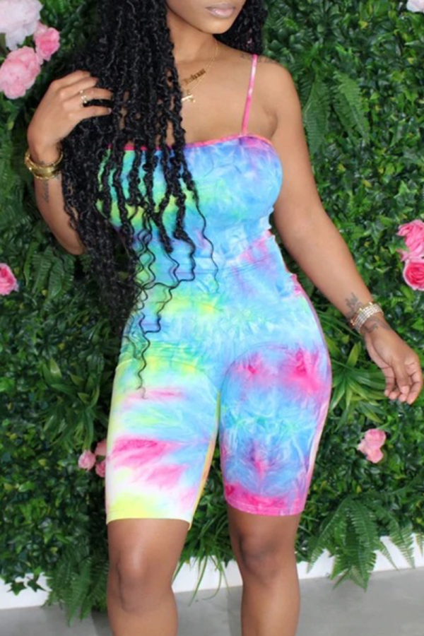 Blue Fashion Patchwork Tie-dye Spaghetti Strap Skinny Rompers