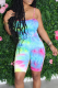 Blue Fashion Patchwork Tie-dye Spaghetti Strap Skinny Rompers