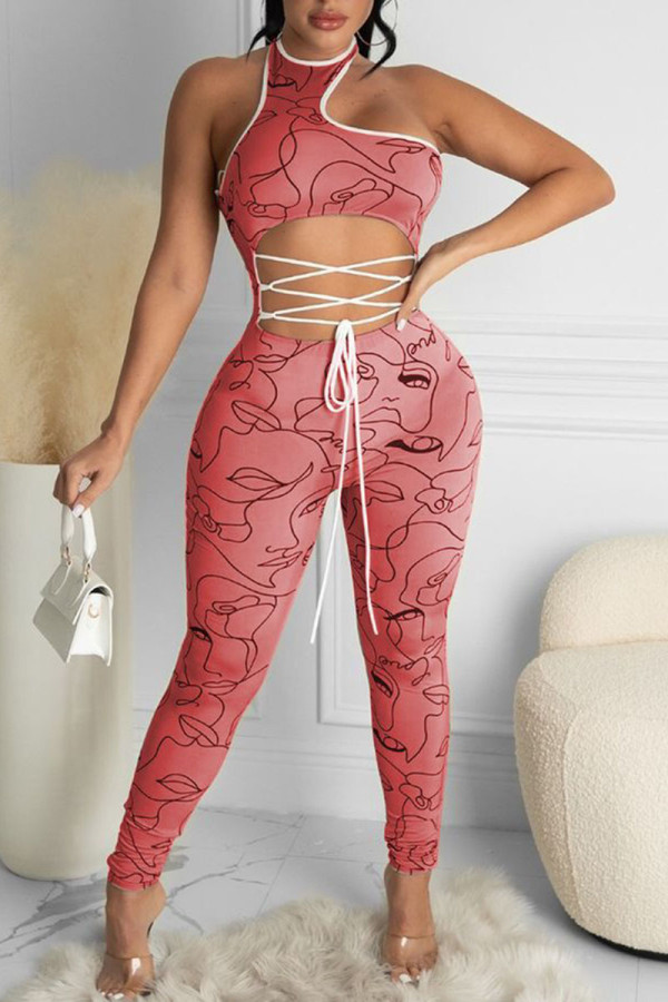 Red Sexy Print Bandage Hollowed Out Patchwork O Neck Regular Jumpsuits