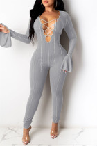 Grey Fashion Casual Solid Hollowed Out Split Joint V Neck Skinny Jumpsuits