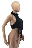 Black Sexy Solid Patchwork Backless Asymmetrical Turtleneck Tops