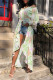 Light Green Sweet Print Patchwork Asymmetrical Off the Shoulder Printed Dress Dresses