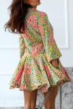 Red Casual Print Patchwork Turndown Collar Waist Skirt Dresses