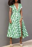 Green Fashion Casual Print Slit V Neck Short Sleeve Dress