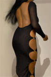 Black Fashion Sexy Solid Hollowed Out Patchwork O Neck Long Sleeve Dresses