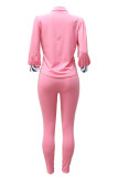 Pink Fashion Casual Print Patchwork Turndown Collar Three Quarter Two Pieces