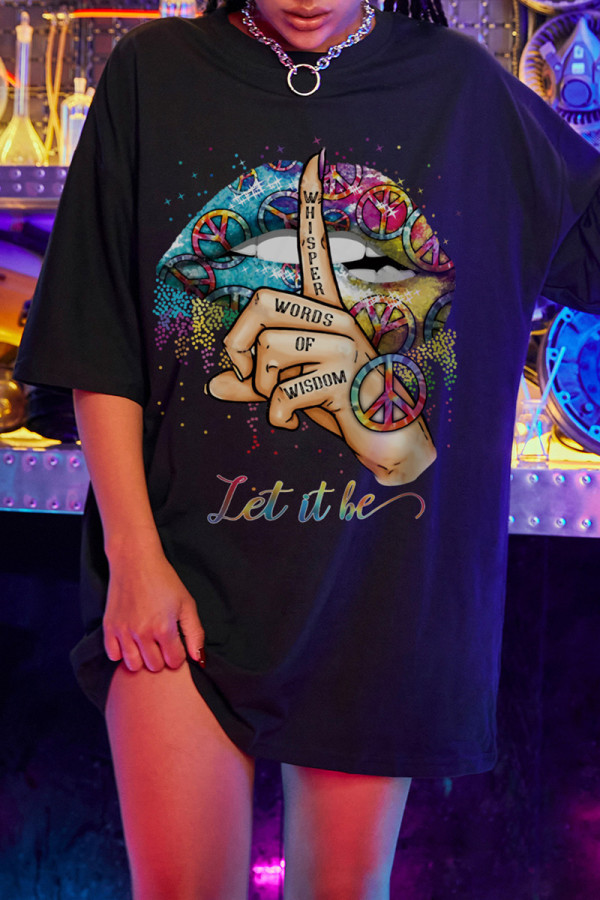Black Fashion Casual Print Basic O Neck T-shirt Dress Dresses
