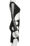 Black Fashion Sexy Solid Hollowed Out Patchwork O Neck Long Sleeve Dresses