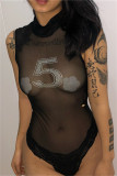 Black Fashion Sexy Patchwork Hot Drilling See-through Half A Turtleneck Skinny Romper