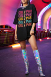Black Fashion Casual Letter Print Basic O Neck T-shirt Dress Dresses