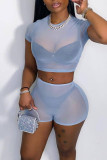 Red Sexy Solid Patchwork See-through O Neck Short Sleeve Two Pieces