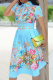 Light Blue Fashion Print Patchwork Turndown Collar Waist Skirt Dresses