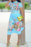 Light Blue Fashion Print Patchwork Turndown Collar Waist Skirt Dresses