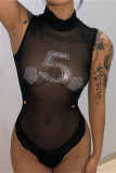 Black Fashion Sexy Patchwork Hot Drilling See-through Half A Turtleneck Skinny Romper