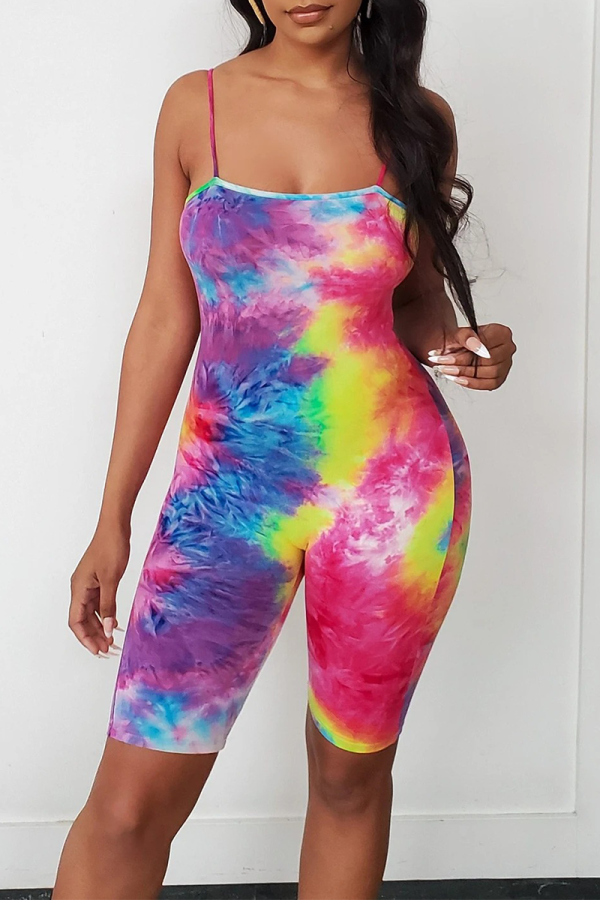Colour Fashion Patchwork Tie-dye Spaghetti Strap Skinny Rompers