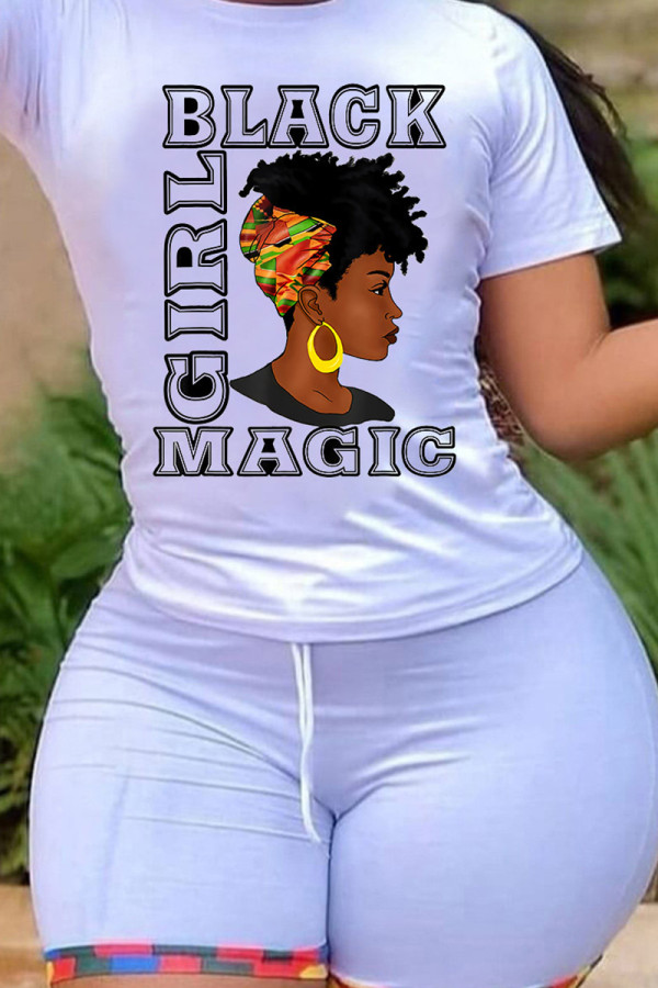 White Fashion Casual Print Basic O Neck T-Shirts