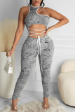 Red Sexy Print Bandage Hollowed Out Patchwork O Neck Regular Jumpsuits
