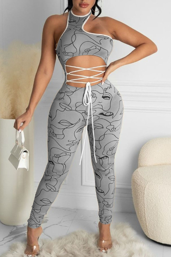 Grey Sexy Print Bandage Hollowed Out Patchwork O Neck Regular Jumpsuits
