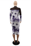 Purple Fashion Sexy Print Patchwork See-through Half A Turtleneck Long Sleeve Dresses