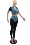 Blue Fashion Solid Patchwork Turndown Collar Short Sleeve Two Pieces