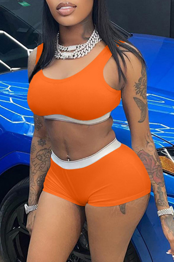 Orange Casual Sportswear Solid Patchwork O Neck Sleeveless Two Pieces