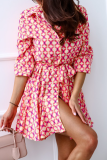 Red Casual Print Patchwork Turndown Collar Waist Skirt Dresses