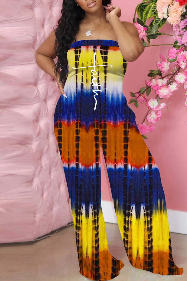 Yellow Sexy Print Patchwork Strapless Straight Jumpsuits