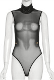 Black Fashion Sexy Patchwork Hot Drilling See-through Half A Turtleneck Skinny Romper