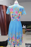 Light Blue Fashion Print Patchwork Turndown Collar Waist Skirt Dresses