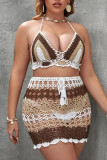 Multicolor Sexy Print Hollowed Out Patchwork Halter Sleeveless Two Pieces
