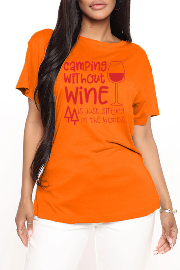 Orange Fashion Casual Letter Print Basic O Neck T-Shirts