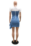 Blue Fashion Casual Solid Patchwork V Neck Irregular Dress