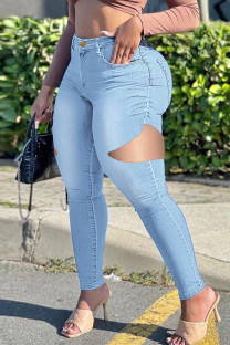 Light Blue Casual Street Solid Hollowed Out Split Joint Plus Size Jeans