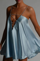 Light Blue Sexy Solid Split Joint Chains Asymmetrical Spaghetti Strap A Line Dresses