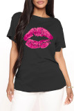 Deep Blue Fashion Casual Lips Printed Basic O Neck T-Shirts
