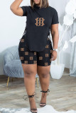 Black Brown Fashion Casual Print Bandage O Neck Short Sleeve Two Pieces