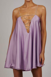 Light Purple Sexy Solid Split Joint Chains Asymmetrical Spaghetti Strap A Line Dresses