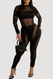 Rose Red Sexy Solid Patchwork See-through O Neck Long Sleeve Two Pieces
