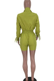 Red Casual Street Solid Patchwork Draw String Turndown Collar Straight Rompers
