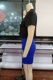 Blue Black Fashion Casual Print Patchwork O Neck Short Sleeve Two Pieces