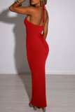 Red Fashion Sexy Solid Hollowed Out Backless Halter Long Dress
