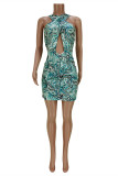 Cyan Fashion Sexy Print Bandage Backless Sleeveless Dress