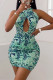 Cyan Fashion Sexy Print Bandage Backless Sleeveless Dress