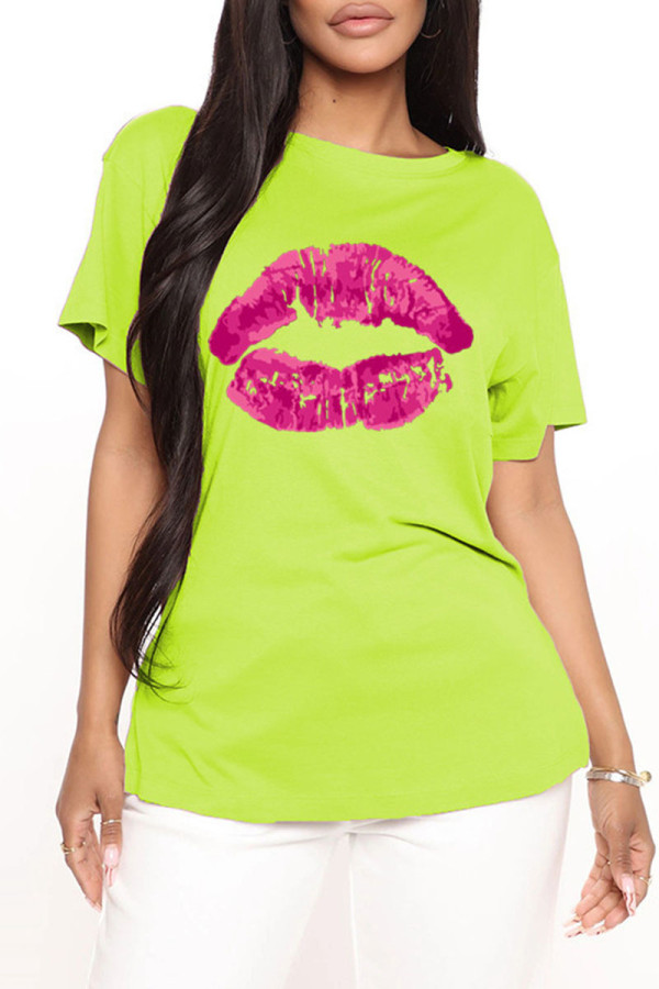 Fruit Green Fashion Casual Lips Printed Basic O Neck T-Shirts