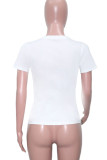 White Casual Print Patchwork O Neck Mid Waist T-Shirts