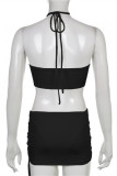 Pink Fashion Sexy Solid Hollowed Out Patchwork Backless Halter Sleeveless Two Pieces