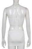 Pink Fashion Sexy Solid Hollowed Out Patchwork Backless Halter Sleeveless Two Pieces