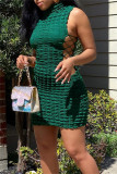 Green Fashion Sexy Solid Bandage Hollowed Out Turtleneck Sleeveless Dress
