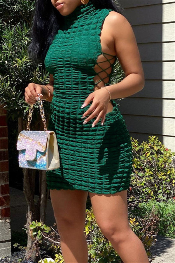 Green Fashion Sexy Solid Bandage Hollowed Out Turtleneck Sleeveless Dress